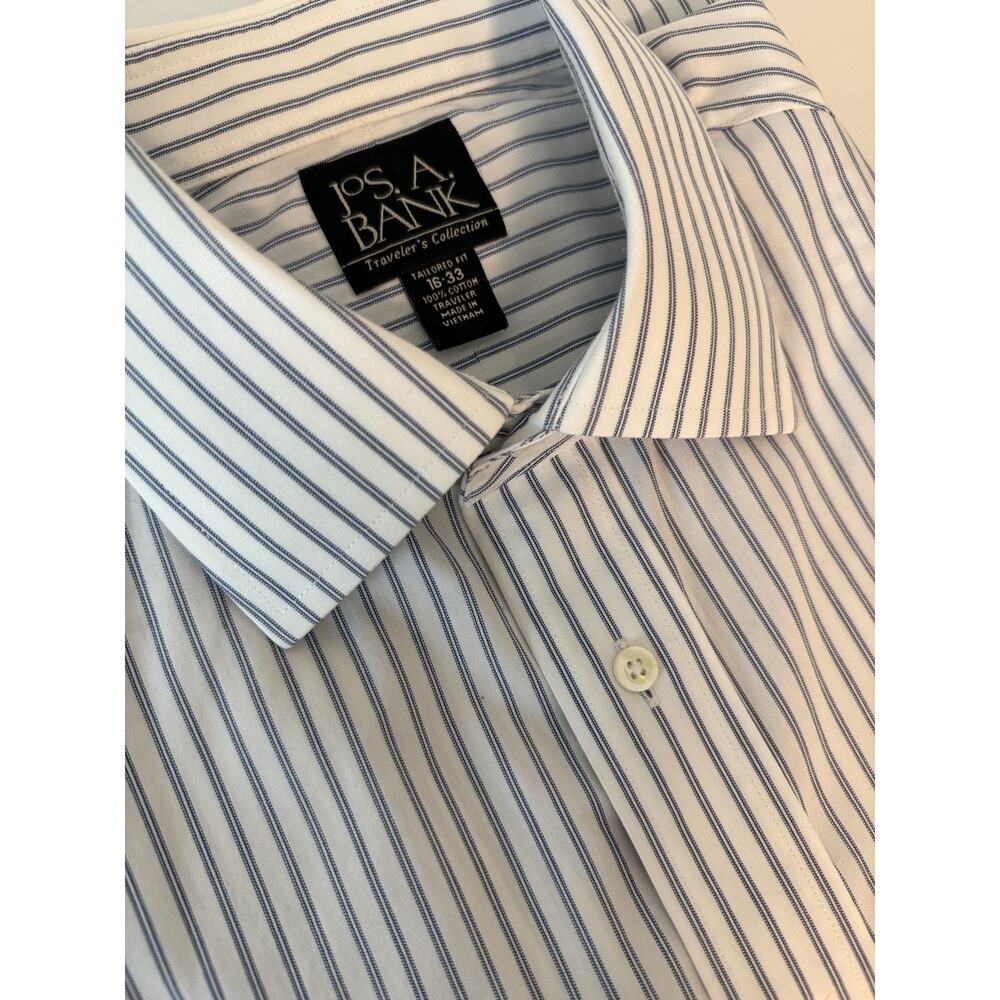 JOS A Bank Dress Shirt Men 16-33 White Blue Stripes Travelers Collection Cotton